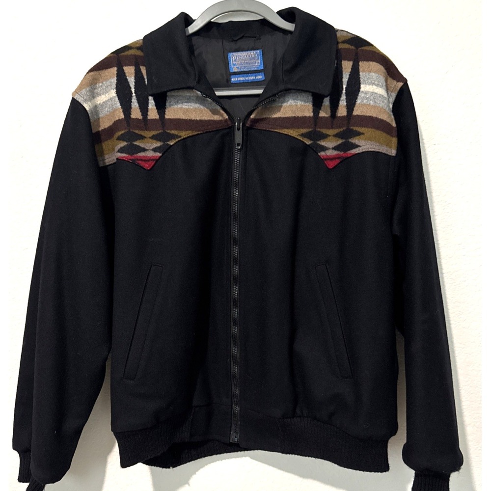 VTG Pendleton Southwest Aztec Wool Blanket Jacket Western Yoke Bomber BLK Size L